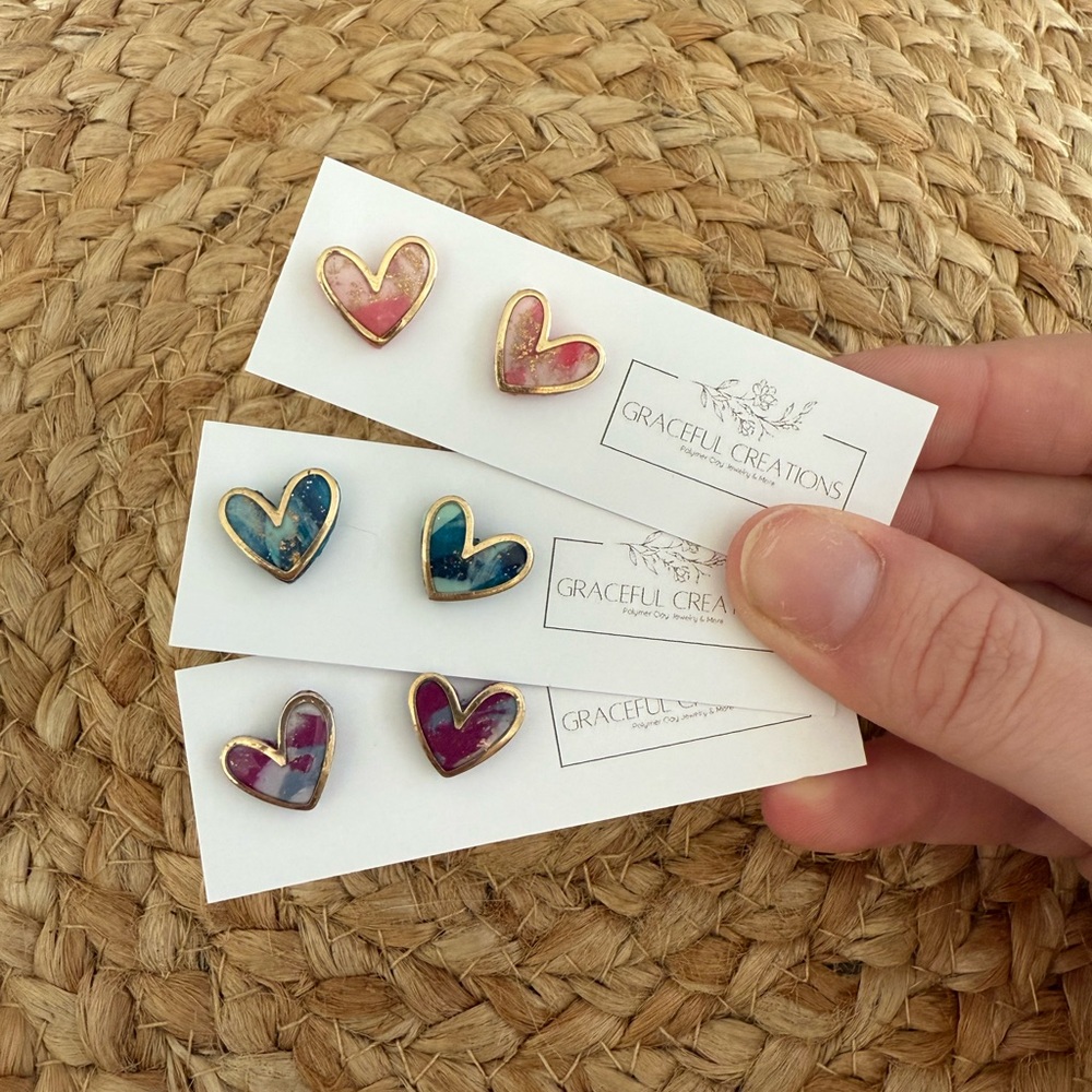 Heart Studs Polymer Clay - Pink, Blue, or Purple (Listing is for ONE pair)